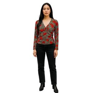 No Boundaries Leopard Print Red Rose Long Sleeve Stretch Top Juniors M